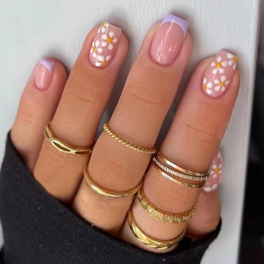EARKITY Square Press on Nails Short Cute Purple French Tip False Nails with White Flower Designs Pink Full Cover Faux Nails Press ons for Women Fake Nails 24 Pcs
