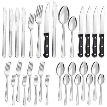 Bestdin 24 Pieces Silverware Set with Steak Knives, Flatware Sets Service for 4, Stainless Steel Cutlery Sets Mirror Polished, Tableware Sets for Home Kitchen Restaurant Hotel, Dishwasher Safe