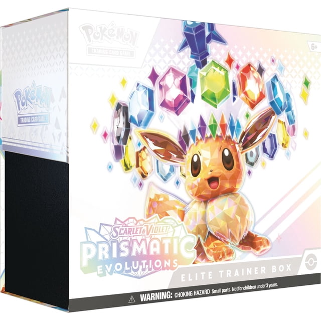 Scarlet & Violet—Prismatic Evolutions Elite Trainer Box featuring a multicolour geometric Eevee with sparkling gems forming a rainbow arc above it, displayed on a white Pokémon Trading Card Game box with branding and choking hazard warning, suitable for Pokémon TCG collectors.