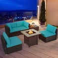 thumbnail image 4 of Patiojoy 6 PCS Patio Wicker Furniture Set With 30" Gas Fire Pit Table 50,000 BTU Turquoise Cushions, 4 of 9