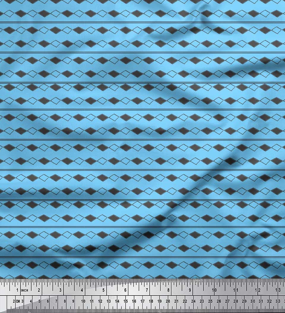 Soimoi Blue polyester Crepe Fabric Stripe & Diamond Geometric Printed Fabric 1 Yard 42 Inch Wide