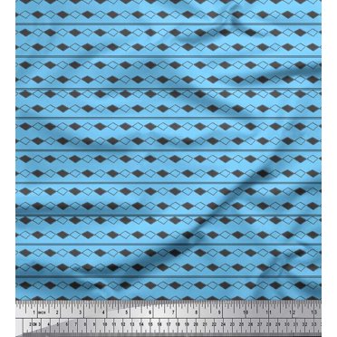 Soimoi Blue polyester Crepe Fabric Stripe & Diamond Geometric Decor Fabric Printed Yard 52 Inch Wide