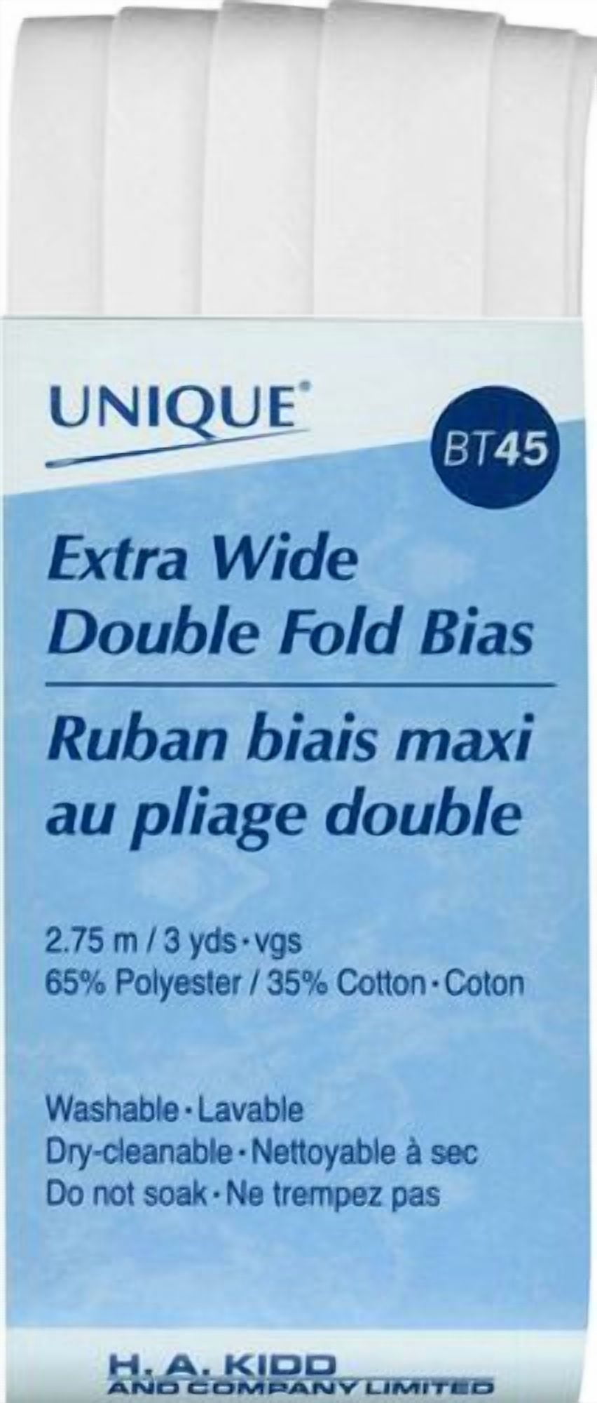 UNIQUE Extra-Wide Double-Fold Bias Tape, 15 mm (0.59 in.) x 2.75 m (3 yd), White