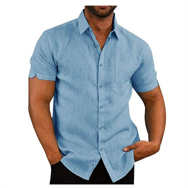 MesaSe Chemises d'Été en Lin pour Homme à Manches Courtes Unies Décontractées Amples Robe Hauts Doux T-Shirt Bleu m