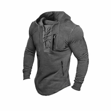 Evotelvi Leisure Solid Color Hooded With Zipper Pocket Long Sleeves Sports Shirt Hoodies for Men Gray S