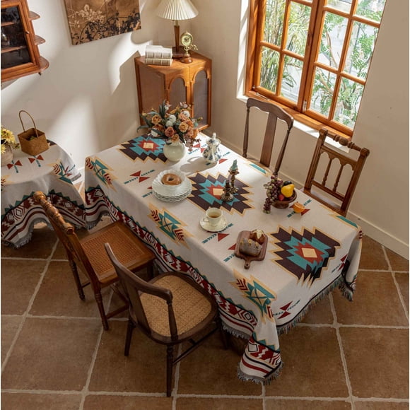 Bohemian Style Cotton Tablecloth with Tassel, 35.5x35.5 in Geometric Pattern Lace Edge for Dining Room Picnic Decor