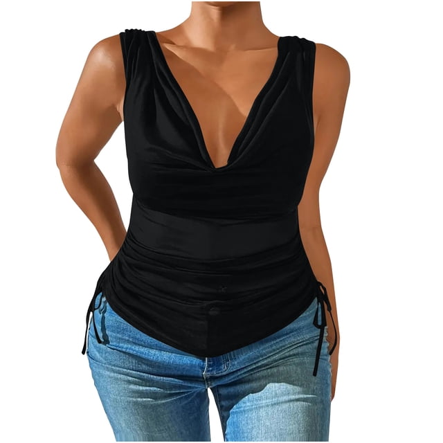 Kaemgyyd Women Cowl Neck Tank Tops Summer Ruched Sleeveless Casual Shirts Solid Side Drawstring Tie Plus Size Tee