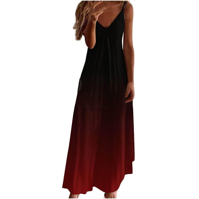 Tumotour Robes d'Été pour Femmes Camisole Longue Fluide Maxi Robe Col en V Sans Manches Bretelles Spaghetti Robe d'Été Évasée à Volants Boho Imprimée pour Plage Sortie Fête Rendez-Vous