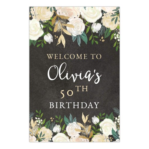 Andaz Press Personalized Extra Large Birthday Easel Board Party Sign, 12x18-inch, Ivory Roses on Black Chalkboard, Welcome to Olivia's 50th Birthday, 1-Pack, Custom Name Age