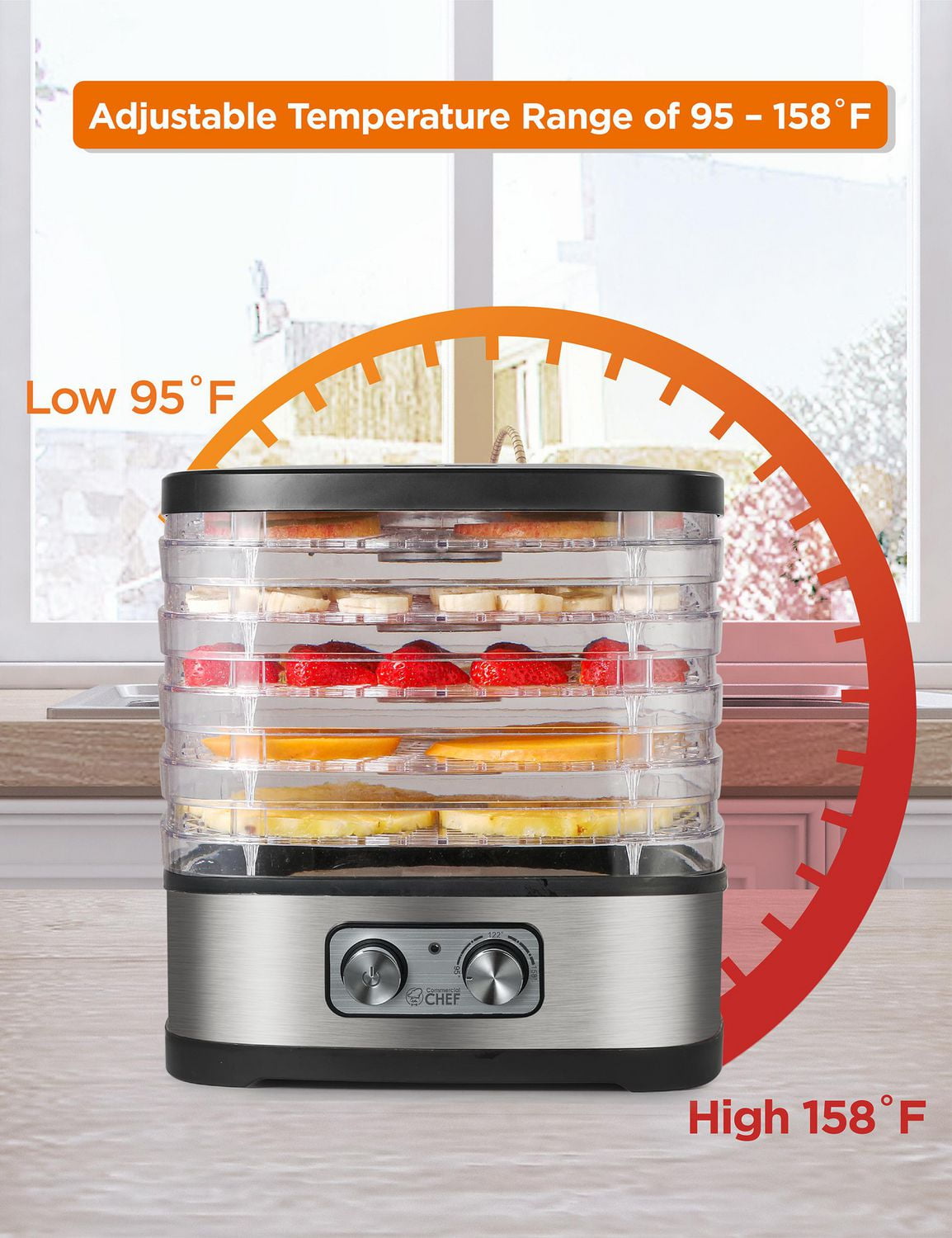 COMMERCIAL CHEF Food Dehydrator with 5 Adjustable Height Trays, Stainless Steel Food Dehydrator Machine for Beef Jerky, Dehydrated Vegetables and More
