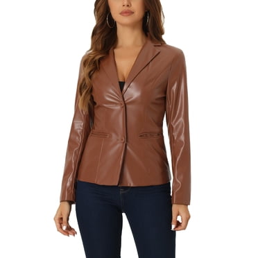 INSPIRE CHIC Women's Faux Leather Jacket Notched Lapel Button-Down Blazer Coat with Pockets S Brown
