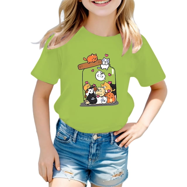 HNMKIU T-Shirt d'Été Décontracté pour Filles avec Imprimé Graphique Mignon, Col Rond, Manches Courtes, T-Shirt Confortable pour Enfants Vert Pâle, 8-9 Ans