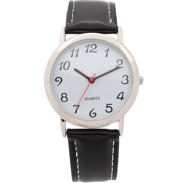 George Men's Analog Watch with a 35mm silver metal case and white dial featuring black Arabic numerals, black hour and minute hands, and a red second hand. It includes a black PU leather strap with white stitching, quartz movement, and stainless steel case back, ideal for classic everyday use.
