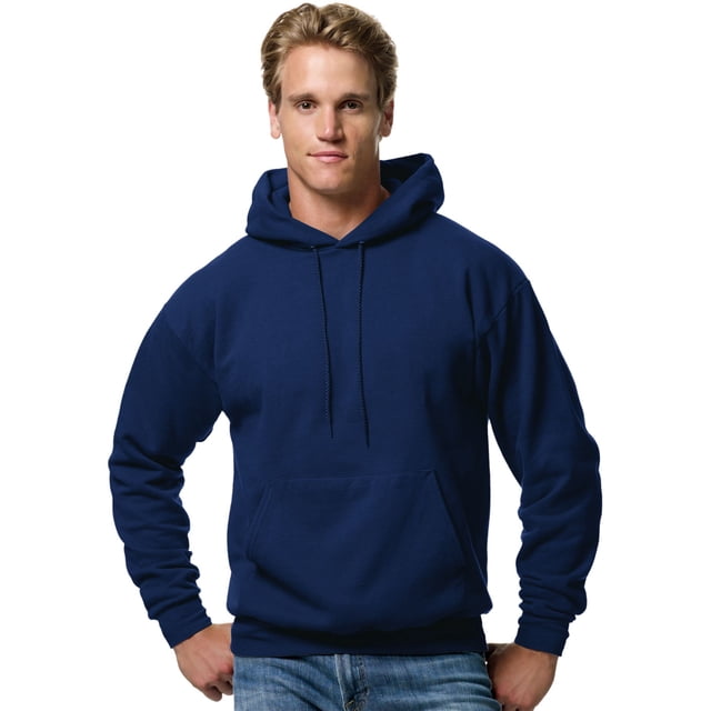 Hanes Mens ComfortBlend EcoSmart Pullover Hoodie Sweatshirt in XXL size, navy color. This men's hoodie features a medium-weight 7.8-oz fleece material, front kangaroo pocket, adjustable drawstring hood, and ribbed cuffs and hem. Ideal for casual wear and machine washable.
