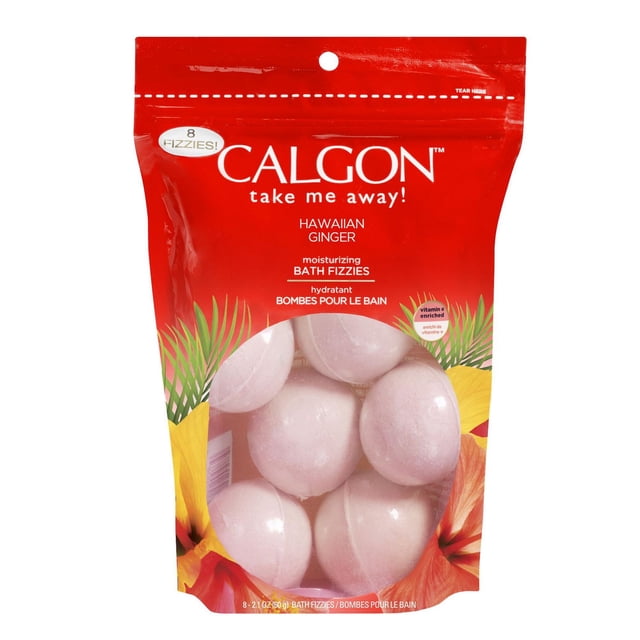Calgon Moisturizing Bath Fizzies Hawaiian Ginger in a red resealable bag with eight pale pink bath bombs, featuring tropical floral and palm leaf graphics, enriched with Vitamin E for a moisturizing and fragrant bath experience.