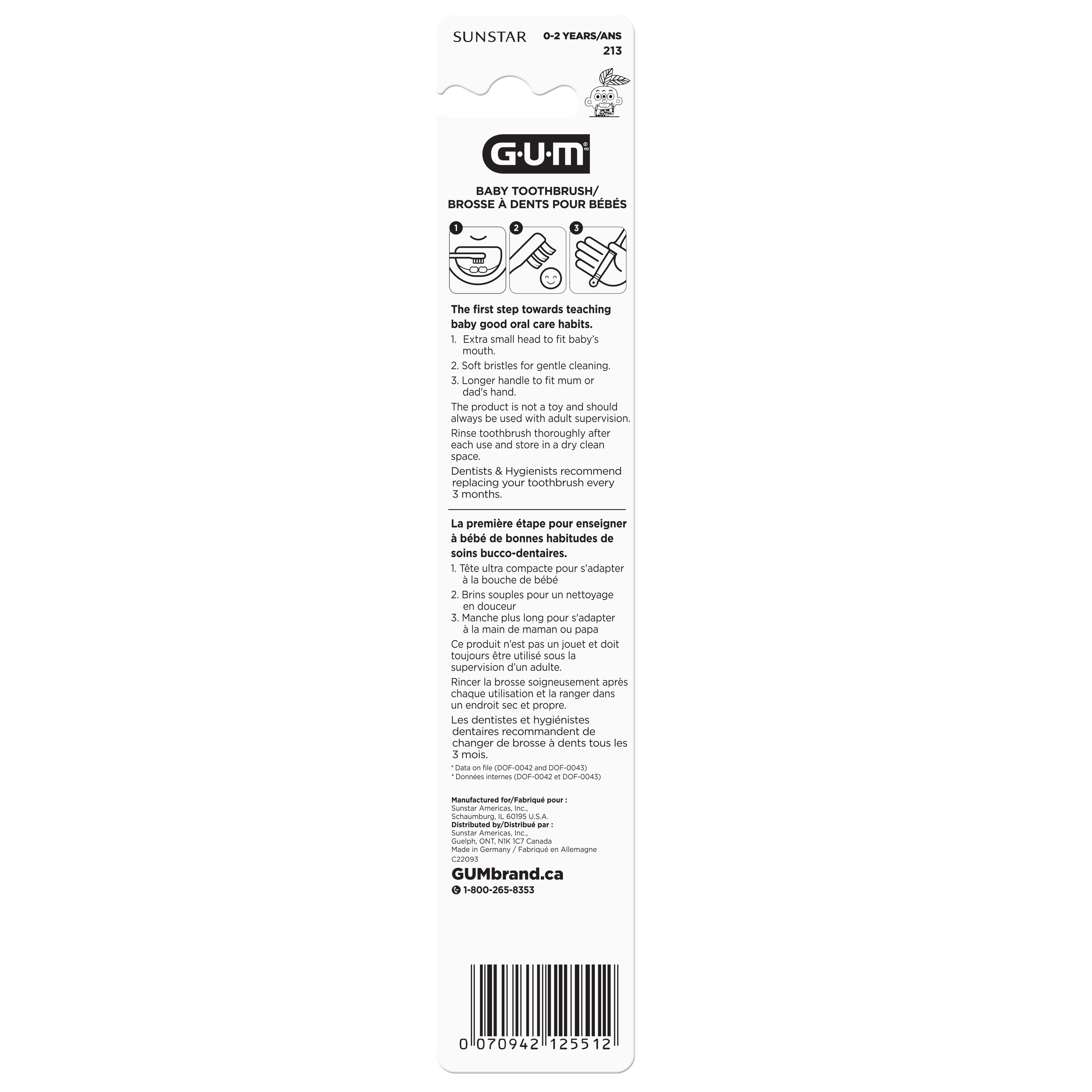 Brosse à Dents Bébé GUM®, Tête Tres-Petite, Souple, 0-2 Ans, 1 Unité