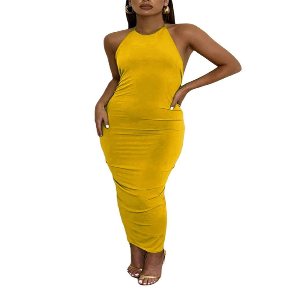 EIMELI Women Backless Ruched Maxi Dress Spaghetti Strap Draped Slip Dress Halter Neck Split Long Evening Dresses Green S