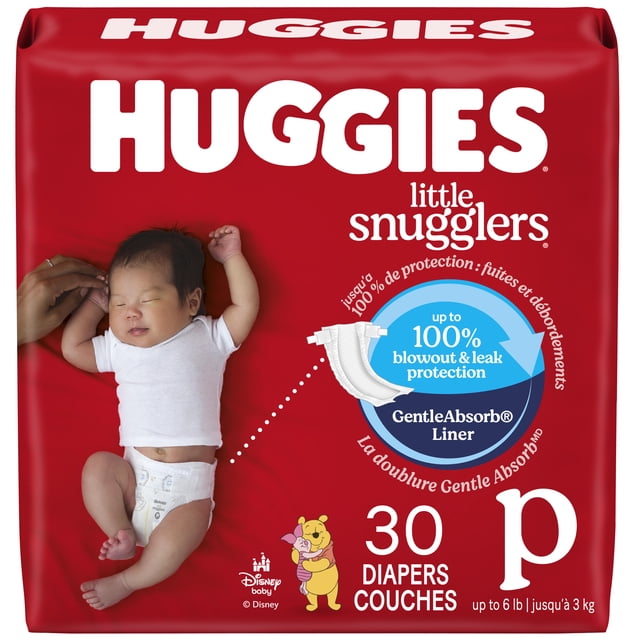 Huggies Little Snugglers Baby Diapers, Size Preemie (up to 6 lbs), 30 count package showing a baby wearing a white diaper on a red background, highlighting up to 100% blowout and leak protection with GentleAbsorb Liner and Disney Winnie the Pooh design.