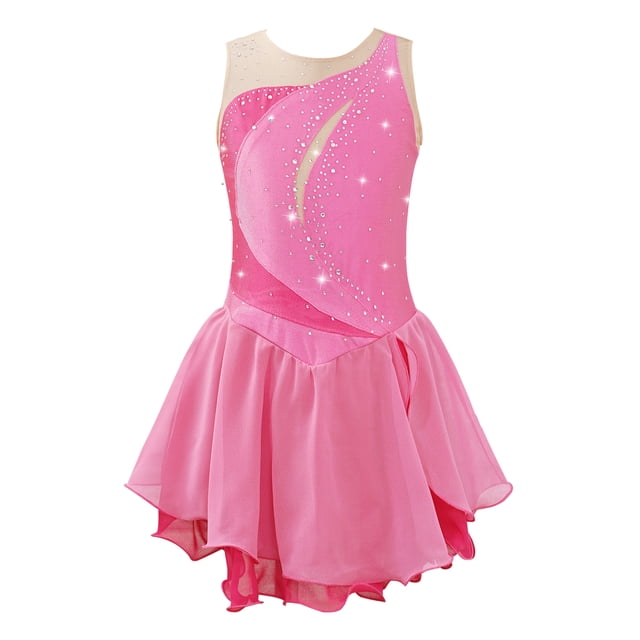 Nyeemya Kid Girls Ice Figure Skating Costume Patchwork Color Mesh Leotard Dress for Dance Performance Pink 6