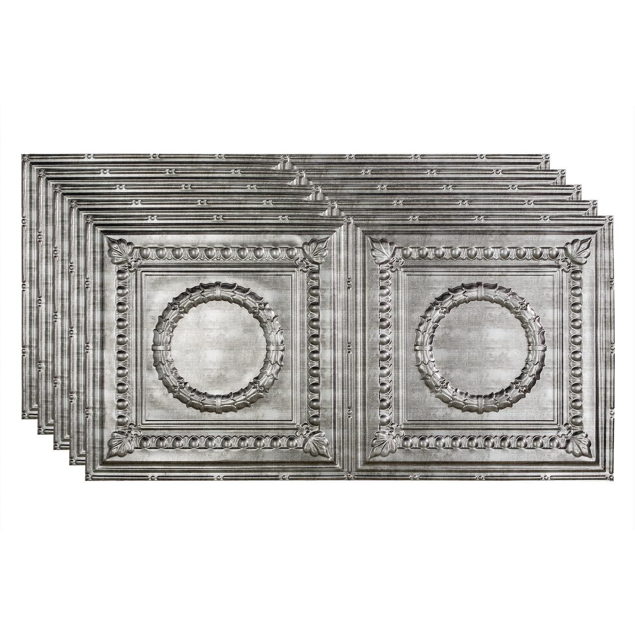 Fasade Rosette Vinyl 2ft x 4ft Glue Up Ceiling Panel Crosshatch Silver 5 Pack