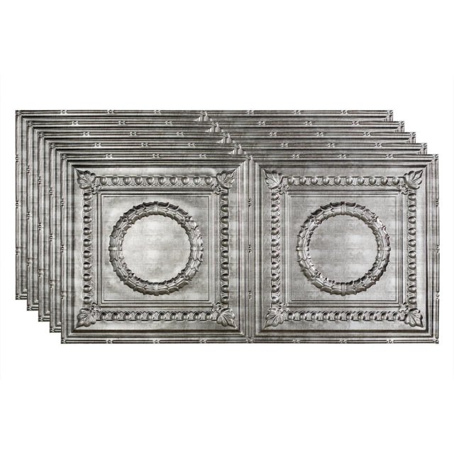 Fasade Rosette Vinyl 2ft x 4ft Glue Up Ceiling Panel Crosshatch Silver 5 Pack