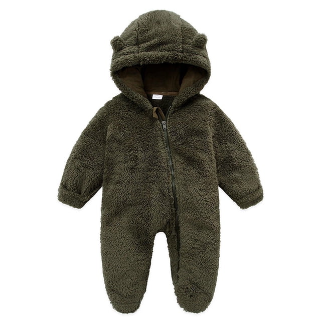 AherBiu Baby Girls Clothes Newborn Jumpsuits Hooded Fleece Zip up Infant Rompers Fall Winter Fuzzy Solid Color Bodysuits