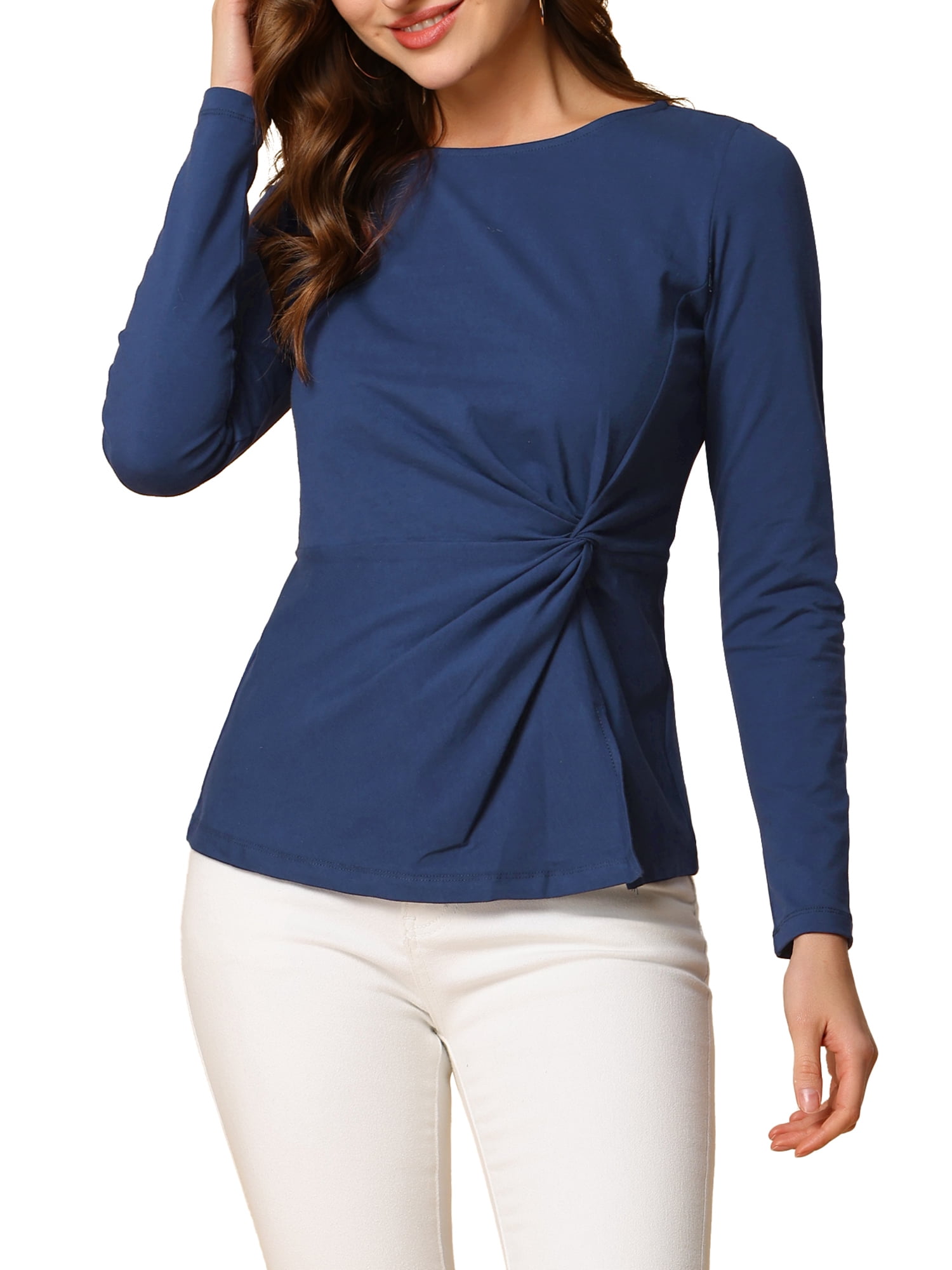 INSPIRE CHIC Women's Round Neck Front Twist Long Sleeve Blouse Tops
