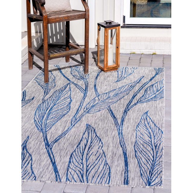Unique Loom Tapis d'Intérieur et d'Extérieur à Tissage Plat, 5 x 8 Pi, Gris Clair/bleu, Collection Botanique