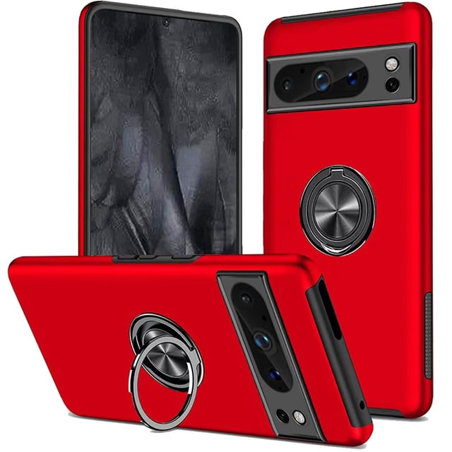 Google Pixel 8 Étui à Anneau de Couleur Rouge Vif, Doté d'Un Béquille Hybride Magnétique et d'Un Support à Anneau invisible. l'Étui Présente une structure à Double Couche avec Coins Renforcés pour une protection Antichoc de Qualité Militaire. Il Comprend un Béquille Rotatif à 360° pour une Utilisation Mains Libres et un patch Magnétique en Métal Intégré pour la Compatibilité avec les Supports Magnétiques de Voiture. Conçu pour Être Ultra Mince, Doux pour la Peau et Résistant aux Empreintes Digitales, aux Égratignures et aux Bavures.