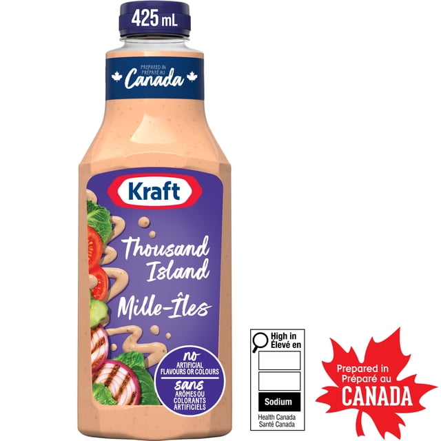 Kraft Vinaigrette Mille-îles Bouteille de 425 ml avec Étiquette Violette Présentant des Légumes Frais et des Tourbillons de Vinaigrette Crémeuse, Préparée au Canada Sans Arômes Ni Colorants Artificiels, Idéale pour les Salades, les Sandwichs et comme marinade.