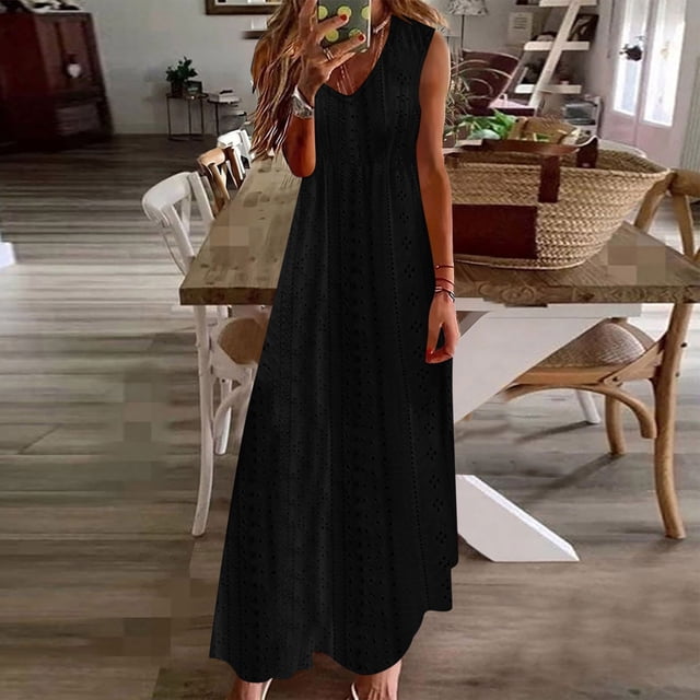 Meichang Robes d'Été pour Femmes, Robes Maxi Sans Manches à Col en V Unies avec Broderie Oeillets, Robes d'Été Amples et Décontractées Ajourées, Longues Robes de Plage Noires TG