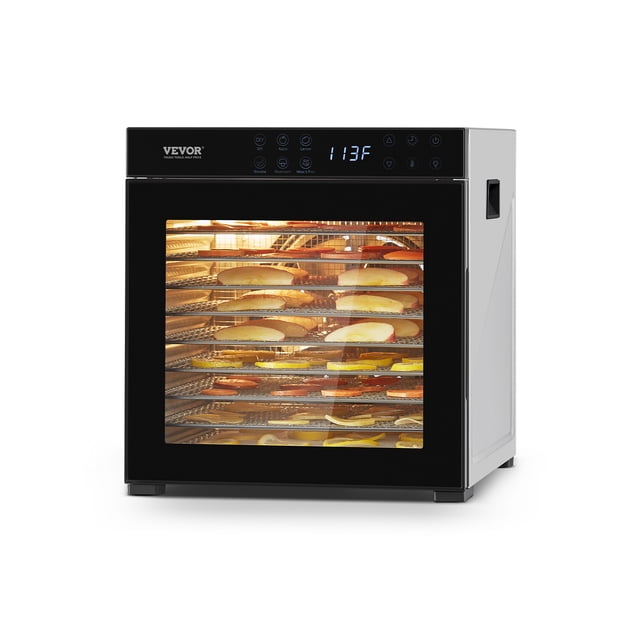 VEVOR 10 Trays Food Dehydrator Machine with stainless steel construction, 1000W power, and a visible window. The digital display is set to 113°F, and the dehydrator contains 10 trays filled with sliced fruits, ideal for jerky, meat, and fruit drying. Features include a large capacity, efficient hot air drying system, and adjustable temperature control.