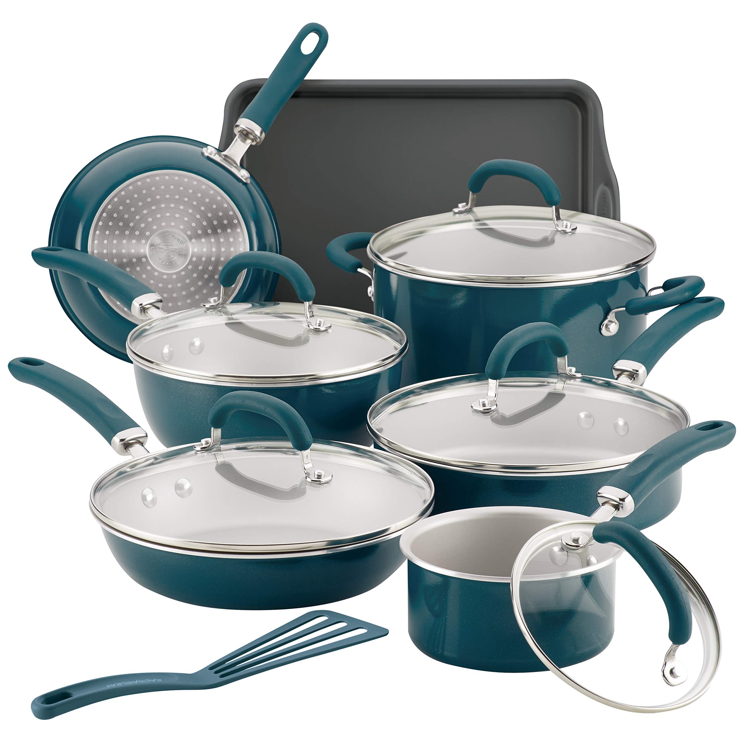 Rachael Ray Create Delicious 13 Piece Nonstick Aluminum Cookware Set, Teal Shimmer
