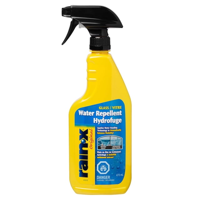 Rain-X Glass Water Repellent in a yellow 473 mL spray bottle with black trigger, designed for automotive and marine glass to repel rain, sleet, and snow by sealing microscopic pores, improving wet weather visibility and easing removal of frost, ice, salt, and bugs.