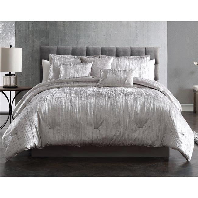 Riverbrook Home 81891 Turin Queen Size Bed Comforter Set, Silver Crinkle Velvet - 7 Piece