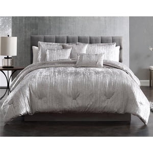 Riverbrook Home 81891 Turin Queen Size Bed Comforter Set, Silver Crinkle Velvet - 7 Piece