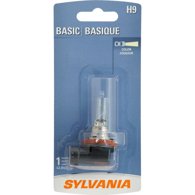 SYLVANIA Ampoule de Phare Halogène H9 de base en Emballage Plastique Transparent sur Carte Bleue et Blanche avec logo SYLVANIA orange, Comprenant une Ampoule en Verre Transparent avec base en Métal et Connecteur Noir, Conçue pour l'Éclairage Extérieur Automobile et Conforme aux Normes à Points.