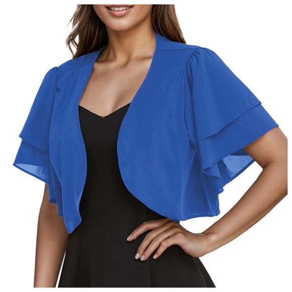 Cardigan en Mousseline pour Femmes, Uni, à Manches Courtes, Court, Ouvert à l'Avant