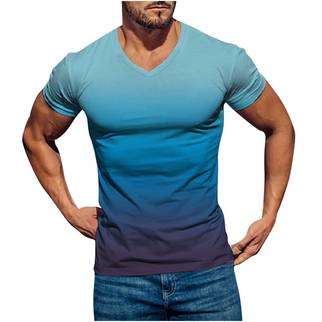 LSLJS T-Shirt à Imprimé Dégradé pour Hommes, Manches Courtes, Col en V, Pull Athlétique