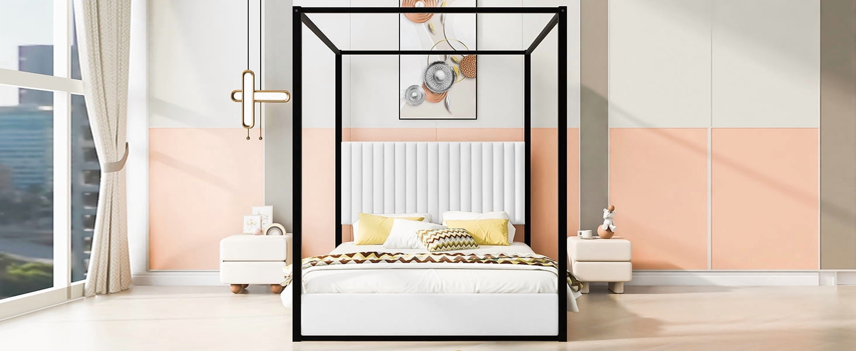 Noble House Queen Size Upholstery Canopy Platform Bed with Headboard and Metal Frame,White