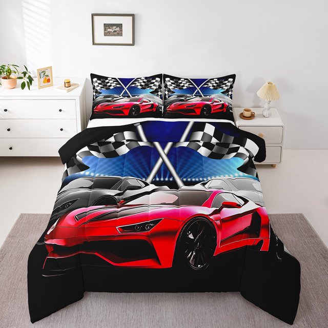 Erosebridal Ensembles de Couette Voiture de Course Rouge Format Grand, Ensemble de Literie Géométrique Buffalo Couette Grand, Décoration Sports Extrêmes, Réversible, Ultra Doux, 3 Pcs