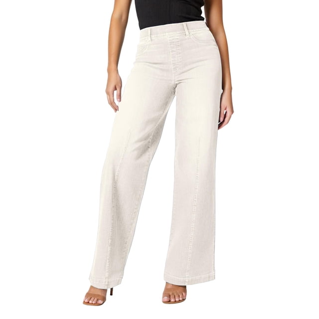 Womens Elastic High Waist Wide Leg Jeans with Fleece Lining