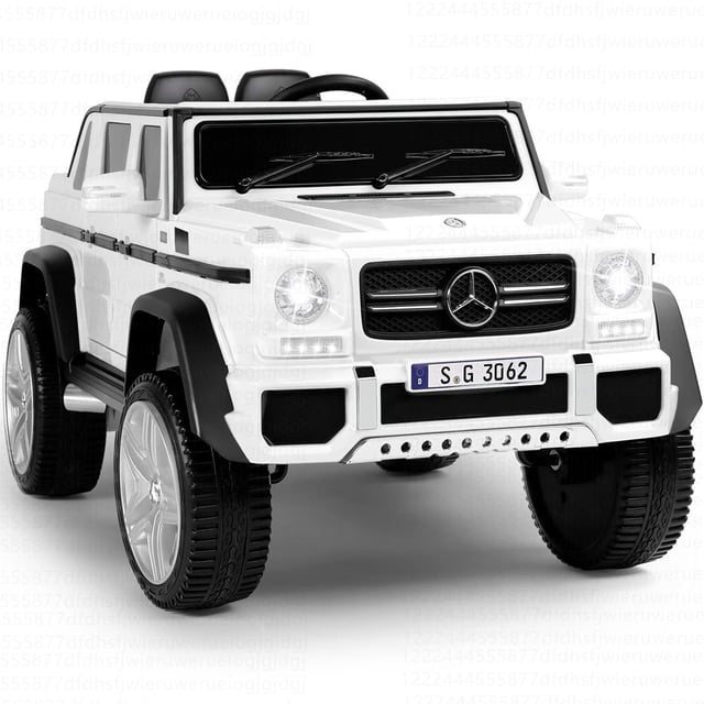 Costway 12V Kids Ride on Truck Jeep Car RC Remote Control w/ LED Lights Music MP3 White. A white ride-on toy truck with realistic jeep styling, LED headlights, wing mirrors, and large wheels. Features parental remote control, MP3 player, horn, forward/backward switch, and rechargeable 12V battery. Suitable for children aged 37 to 96 months, with a carrying capacity of 66 lbs.