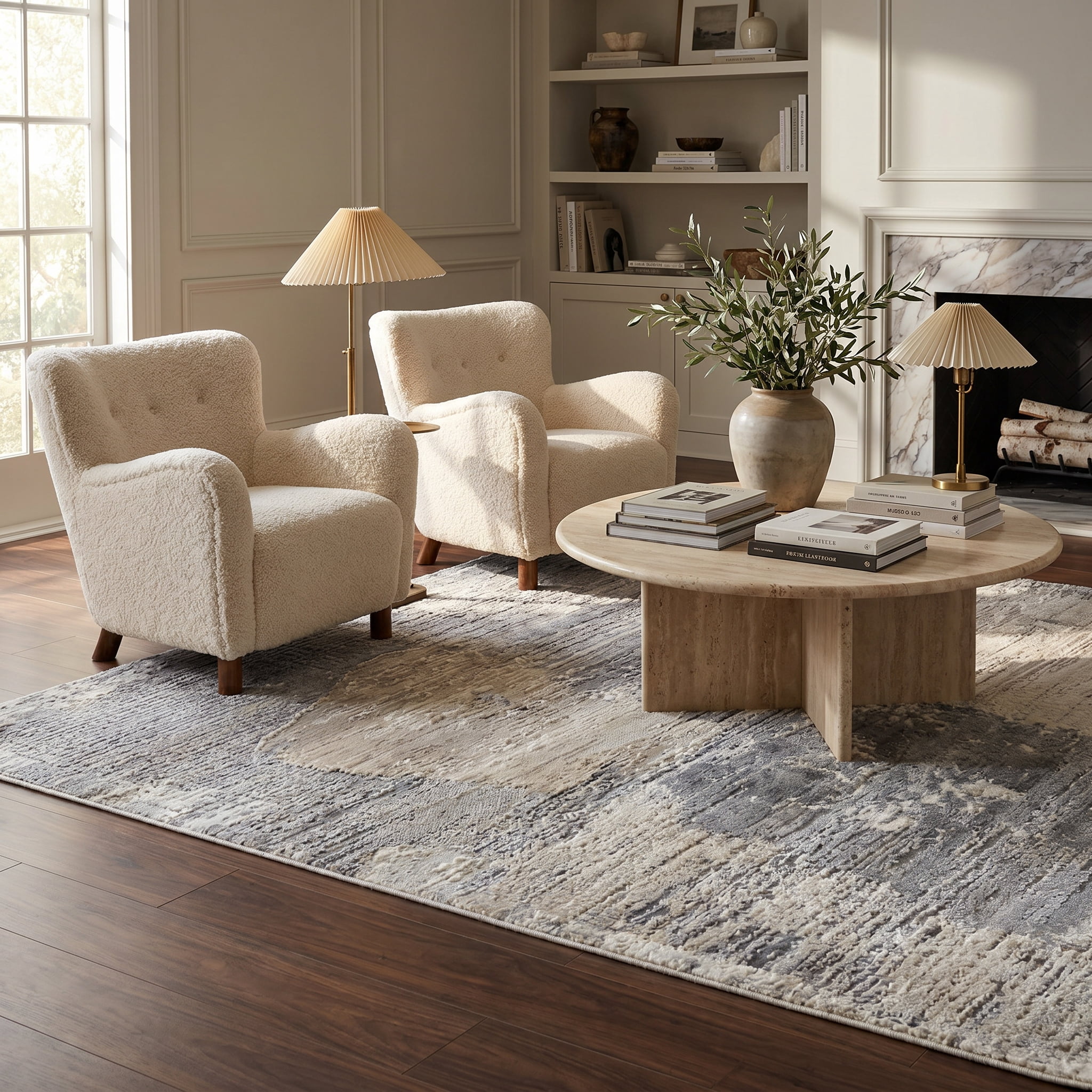 Tapis d'interieur abstrait Rug Branch Nomad, gris creme, moderne - Salon, chambre, salle a manger et cuisine