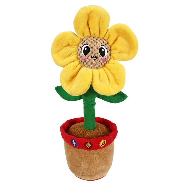 Spark Jouet en Peluche Interactif Tournesol Animé Chanter et Danser avec un Visage Souriant, des Pétales Jaunes et une Tige Verte dans un pot Brun avec un Rebord Rouge avec des Boutons pour Chanter, Danser et Répéter la Voix dans des Tons Ludiques, Convient au Jeu Éducatif.
