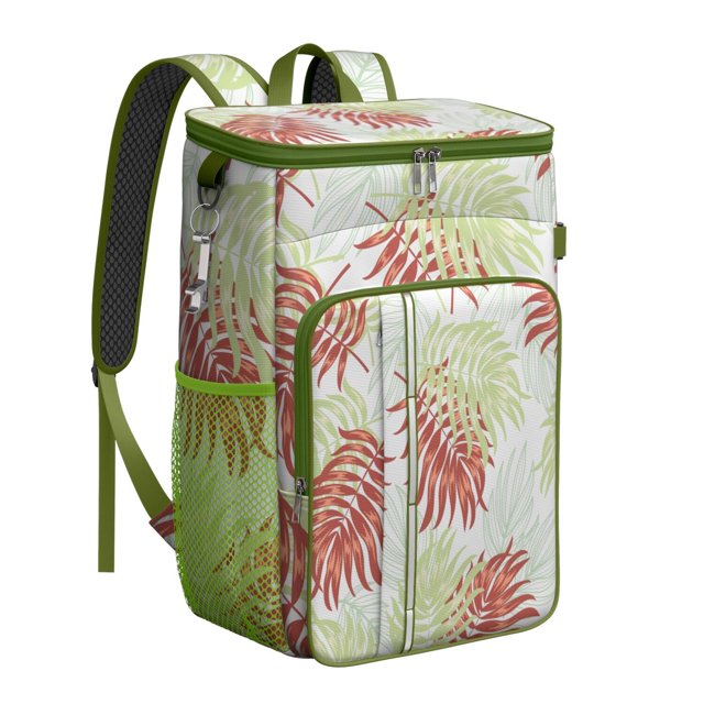 Palm Leaf Insulated Cooler Backpack, Leakproof Lunch Bag with Tropical Plant Pattern for Outdoor Adventures