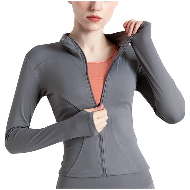Timegard Womens Workout Jackets Full Zip Cropped Top Slim Athletic Running Jackets with Thumb Holes