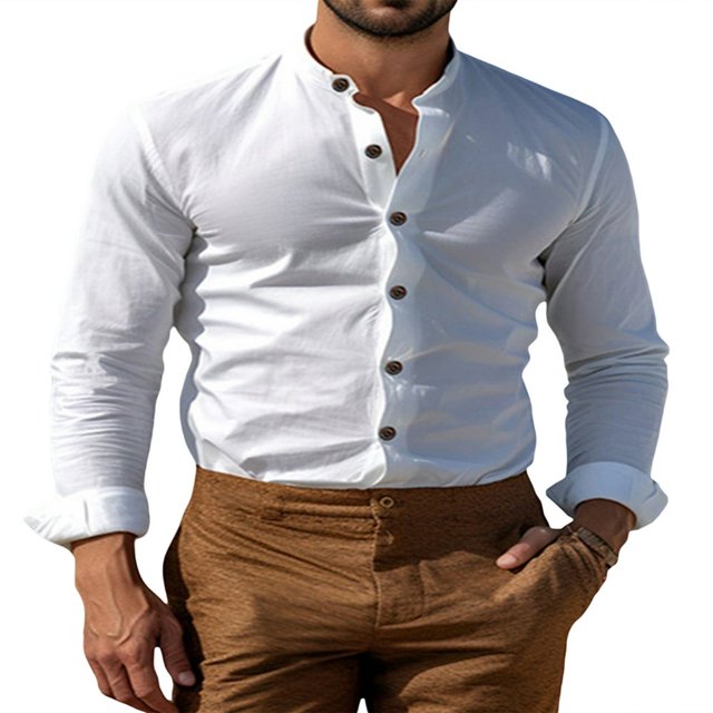 Chemise Henley Boutonnée Classique pour Hommes avec Tissu en Lin de Coton Rétro