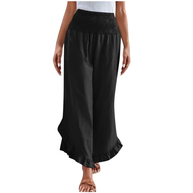 Lenpel Wide Leg Pants for Women Elastic High Waisted Solid Color Cropped Ruffle Hem Palazzo Pants Casual Loose Trousers