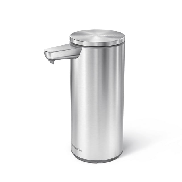 Simplehuman 9 oz. Touch-Free Automatic Rechargeable Sensor Soap Dispenser in brushed stainless steel, featuring a sleek cylindrical design with a clog-free tubing pump, silicone no-drip valve, and waterproof construction. Ideal for kitchens and bathrooms, it offers variable soap dispensing based on hand proximity and includes a funnel refill opening for easy refills. Rechargeable with a puck charger, lasting up to 3 months per charge.
